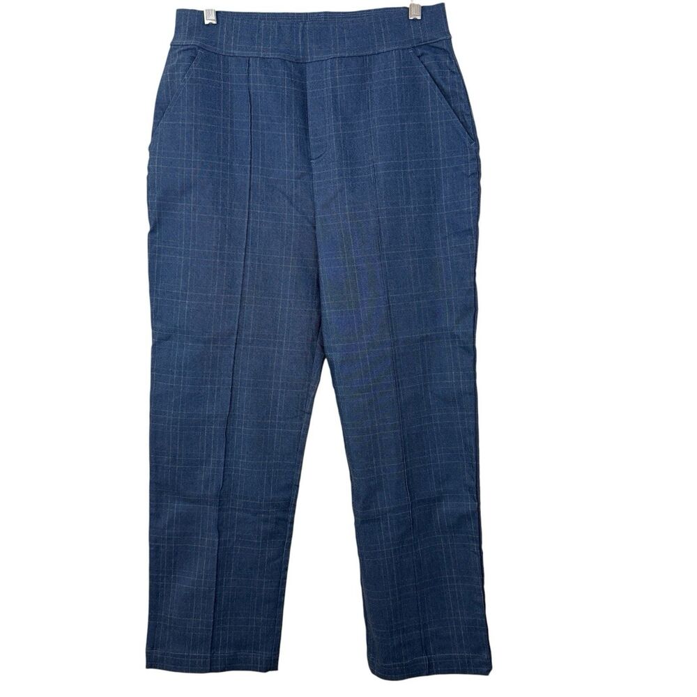 HUE Pull On Crop Pants Womens Sz Medium Blue Windowpane Pockets
